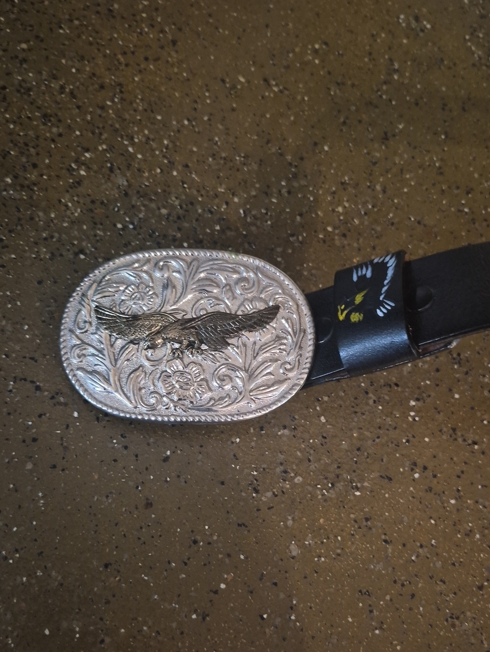 Embroidered Black Leather Belt with Ornate Silver Eagle Buckle